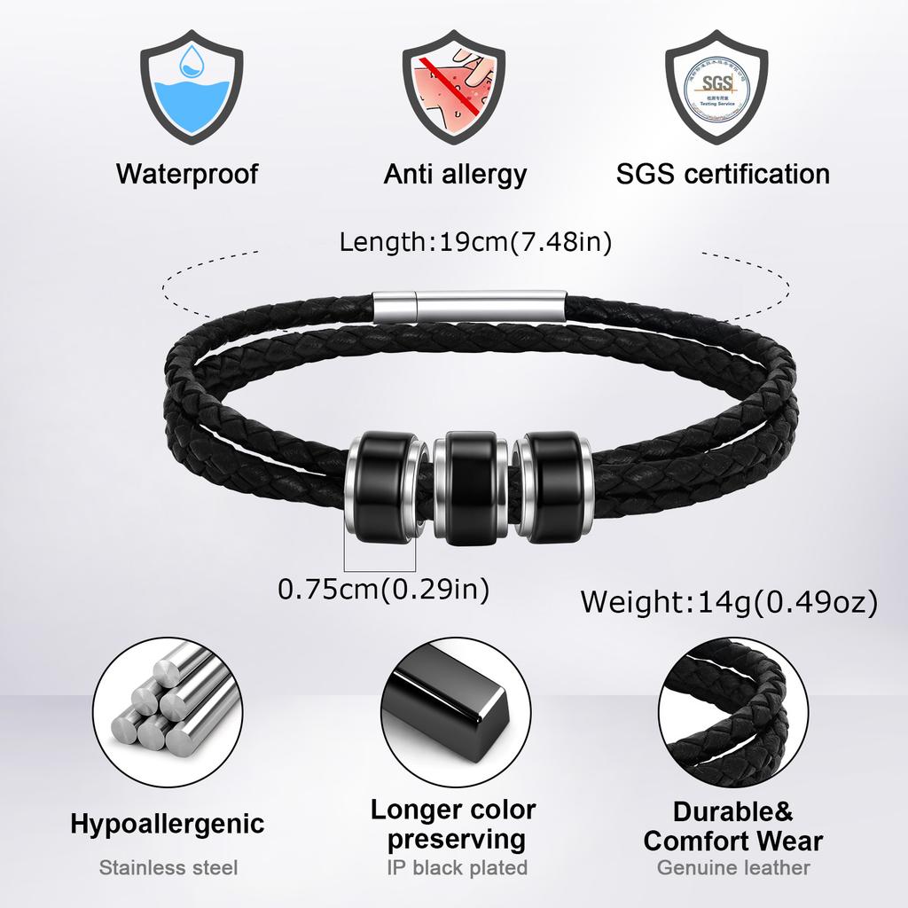 Vnox Custom 3-Layer Leather Bracelet for Men, Stainless Steel Tube Wristband, Personalized Engraved Gifts for Dad Boys Husband