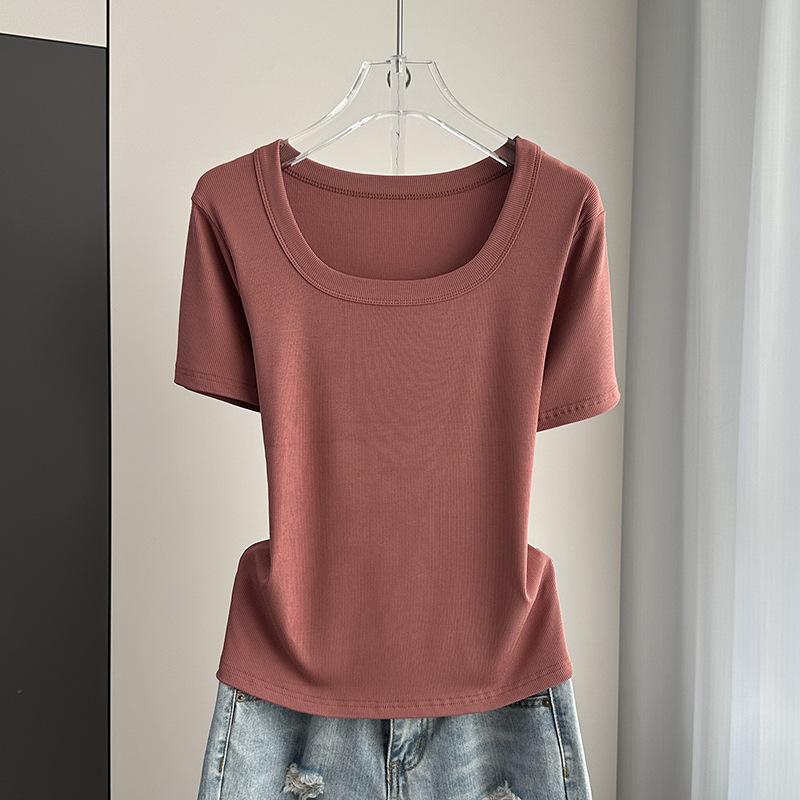 Klassisches geripptes quadratisches Hals-Kurzarm-T-Shirt Locker Schlank Sommer Basis-Oberteil Dehnbar Schlanke Basisschicht Weicher Rippstoff Gut für Innen- und Außenbekleidung Oberteil