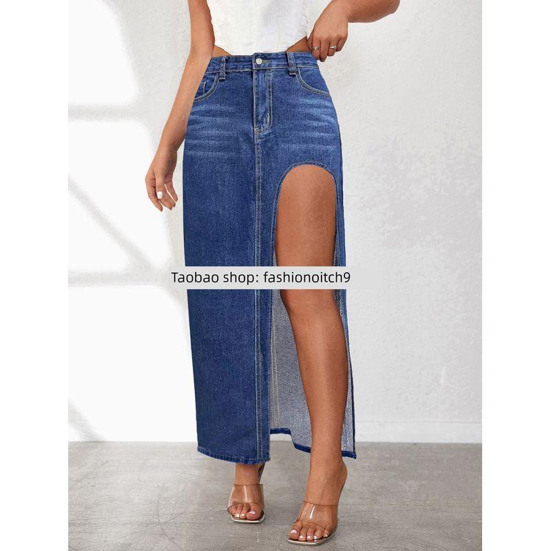 

Юбка деним средней длины с высоким разрезом, юбка средней длины Dark blue S