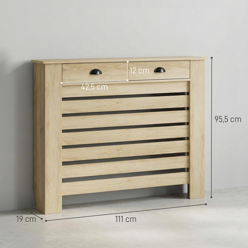 Kryt radiátoru, mřížka radiátoru s vodorovnými lamelami a 2 dřevěnými zásuvkami, 111 Š x 19 H x 95,5 V cm, dub