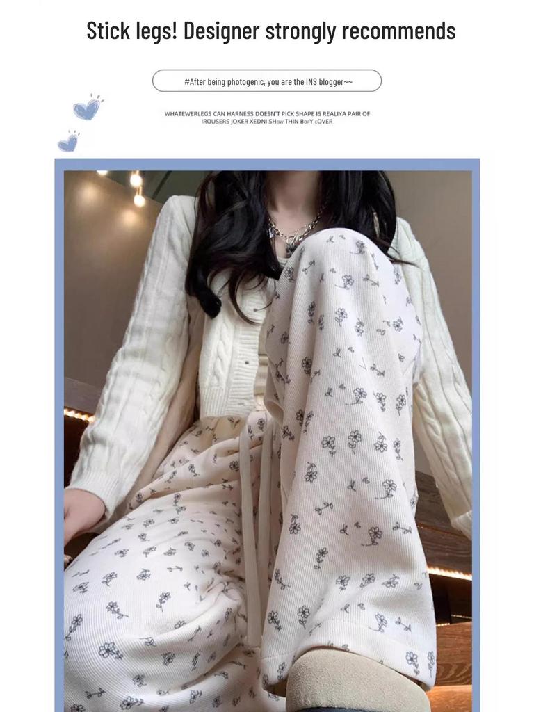 Petite White Floral Women's Summer Sweatpants, Thin Wide-Leg Loose Fit Joggers, XS