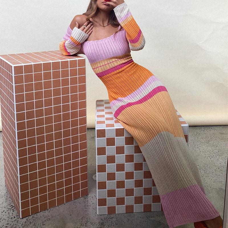 Off Shoulder Striped Beach Midi Dress Women Summer Long Sleeve Casual Elegant Female Dresses Chic Maxi Robes