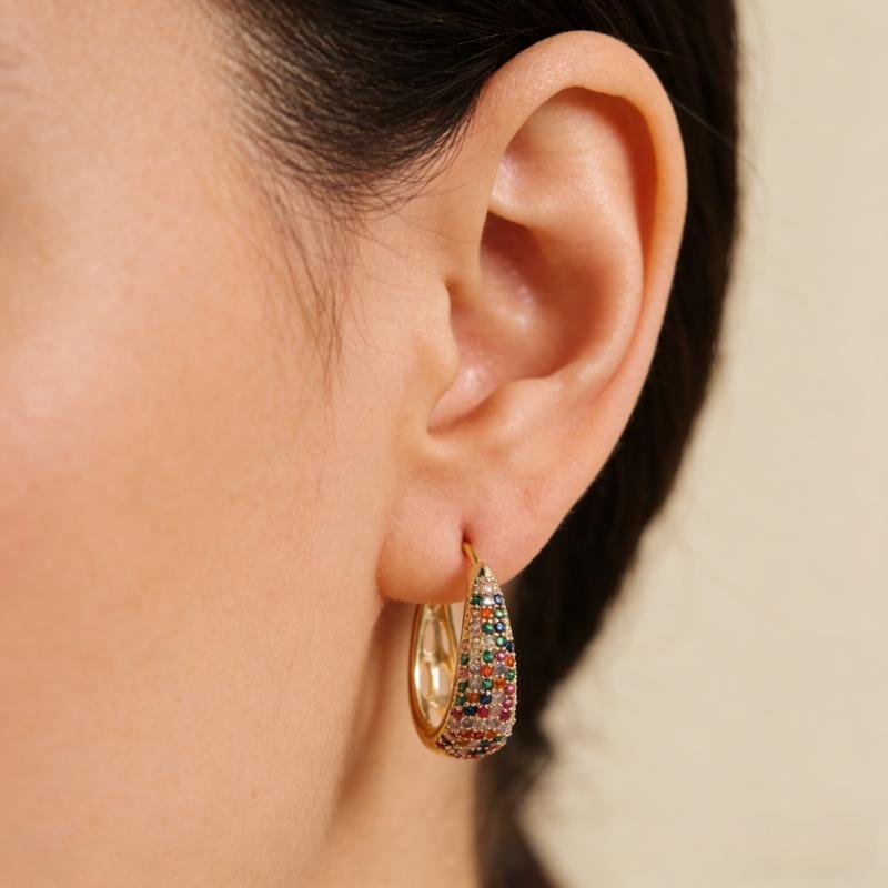 Luxurious Colored Synthetic Zirconia Inlaid Hoop Earrings for Women Vintage Golden Plated Banquet Wedding Jewelry Crafts