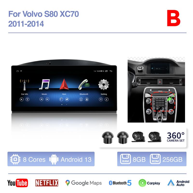 CarPlay 8.8inch Android 15 Car Multimedia Video Player For Volvo S80 V60 XC70 2011-2014 GPS Navigation Auto 4G WiFi 360 Camera
