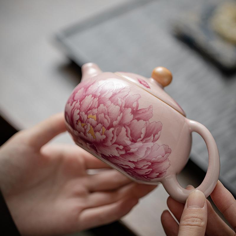 180ml Ru Kiln Xi Shi Pot Hand-painted Ceramics Teapots Peony Flower Tea Maker Water Kettle Chinese Teaware Supplies Gift Box