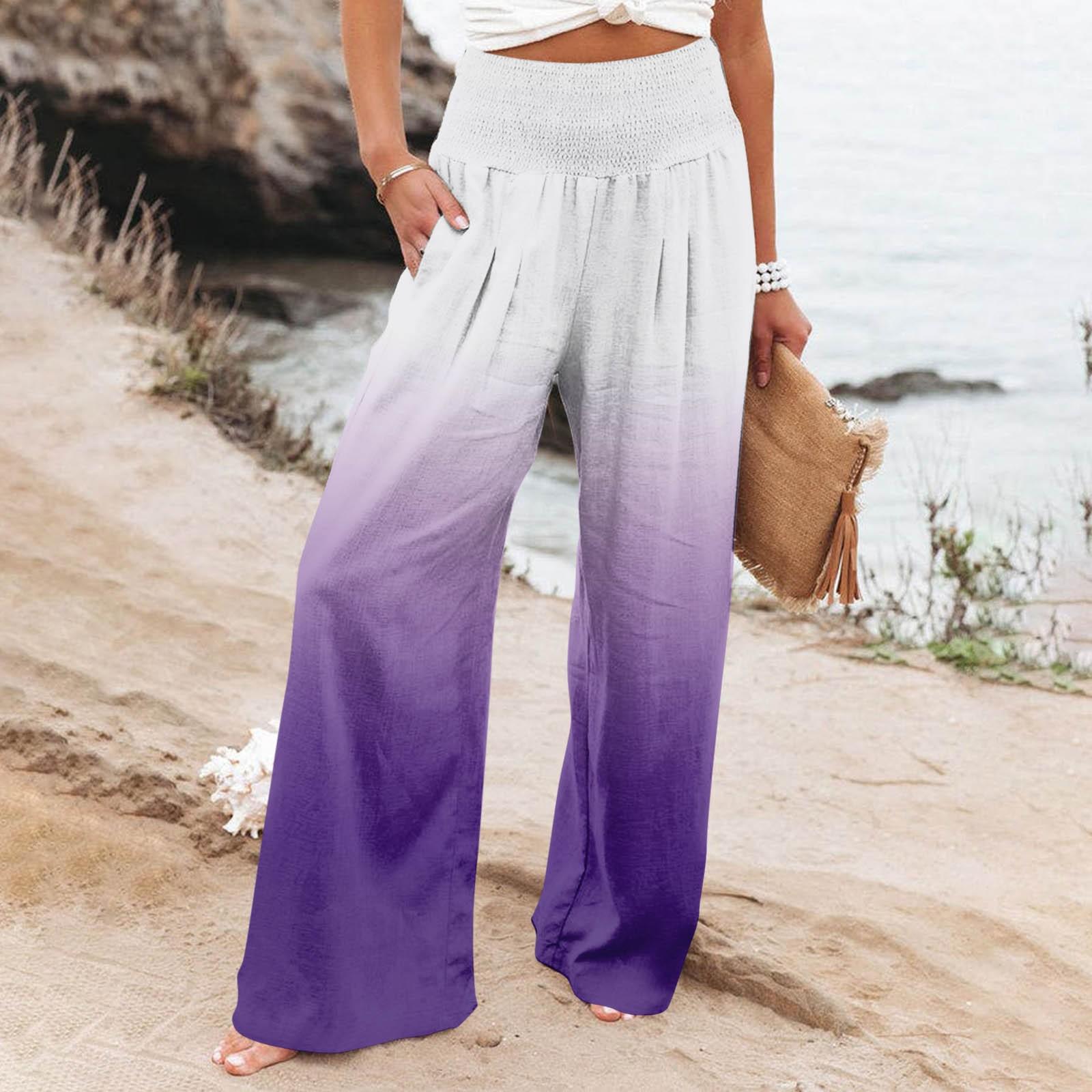 

Брюки с высокой талией для женщин, эластичные широкие брюки-палаццо, повседневные удобные пляжные брюки с градиентным принтом, брюки XXXL фиолетовый