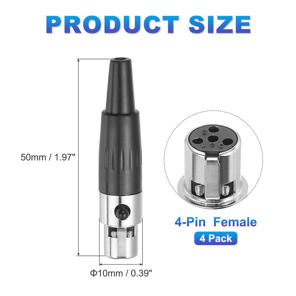 uxcell 4-pin Mini XLR Female Connector TA4F Jack Adapter Plug Replacement Cable Terminal 4-Pack (for Microphones, Audio Amplifiers, Mixers, Recording