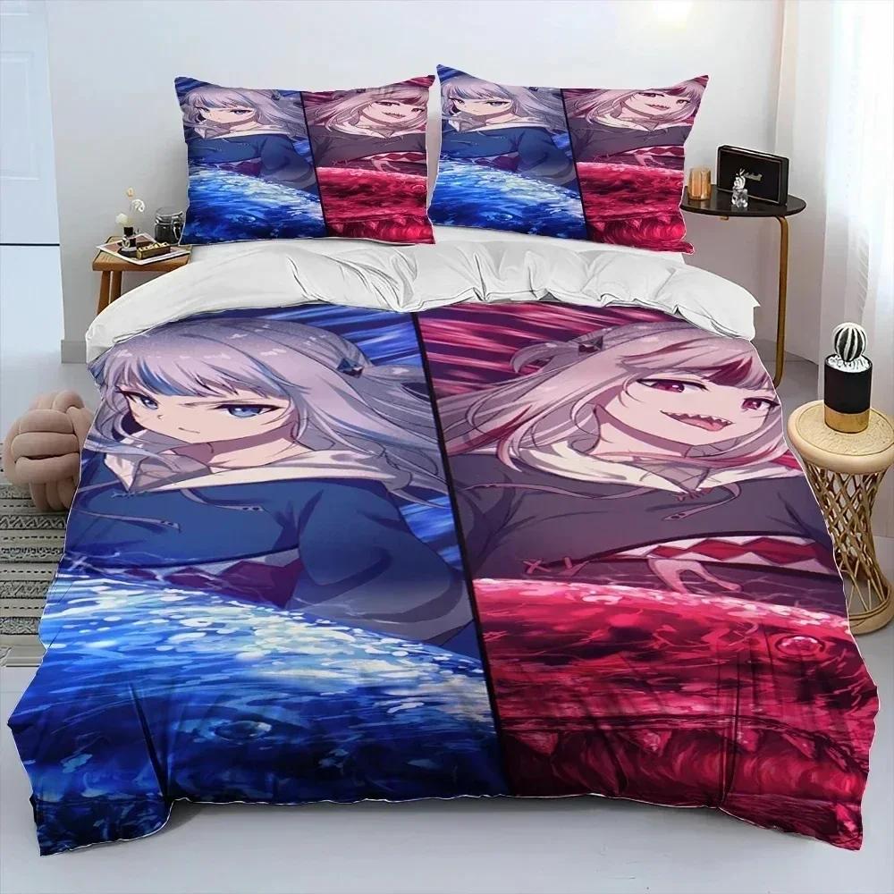 Comforter Cute Gawr Gura Hololive Anime Shark Bedding Set Printed Bed Set With Soft Queen King Size Bedclothes Home