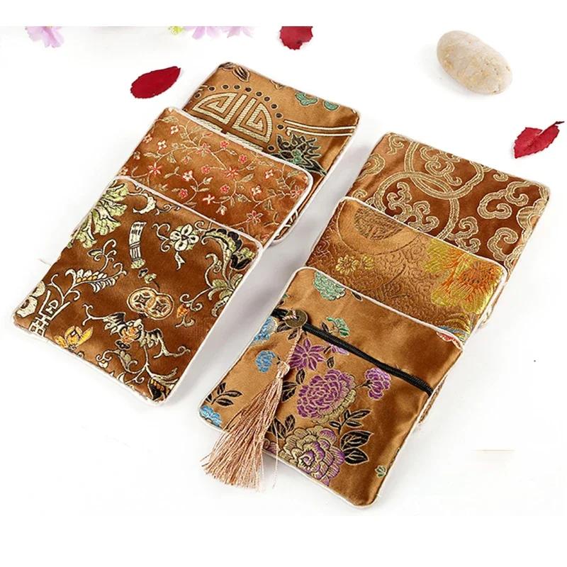 Chinese Brocade Jewelry Bag Handmade Silk Embroidery Padded Small Zipper Tassel Jewelry Organizer Storage Pouch Satin Gift Bag