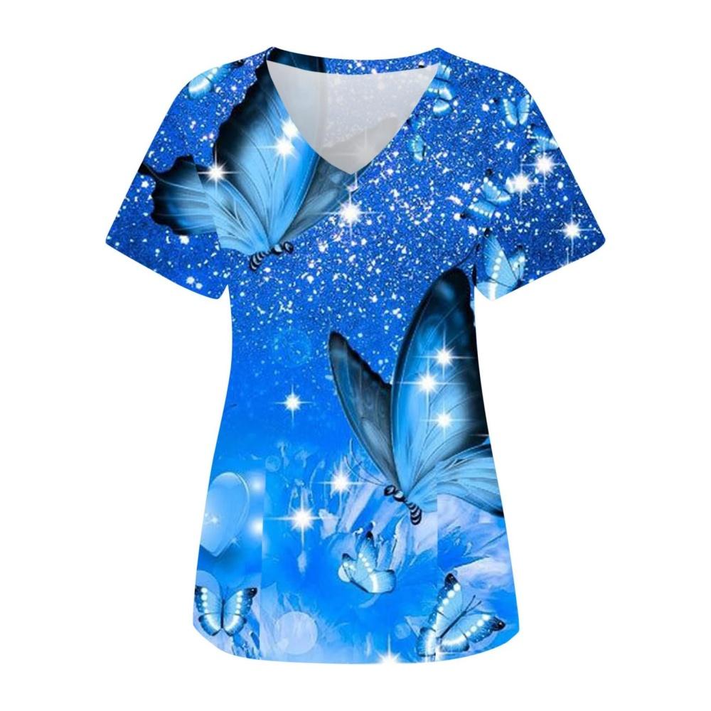 Clinical Uniform Woman Elegant Butterfly Print Summer Microelastic V-Neck Health Care Fashion Short Sleeve Tops Medical Clothes