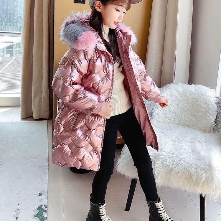 Winter Fashion No-Clean White Duck Down Child Long Coat Warm Fur Collar Girls Snow Jackets Children Outerwear