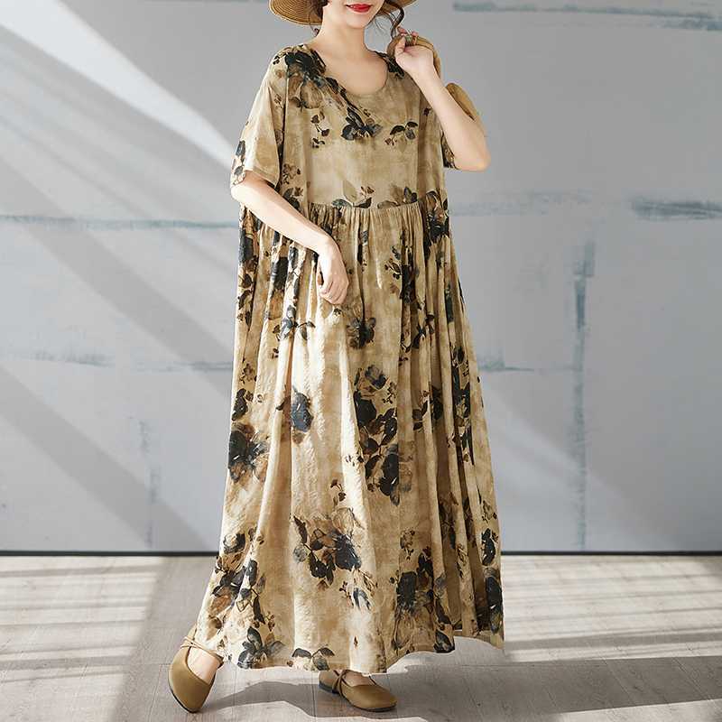 

Богемная длинная юбка летнее платье с коротким рукавом и круглым вырезом с принтом one size