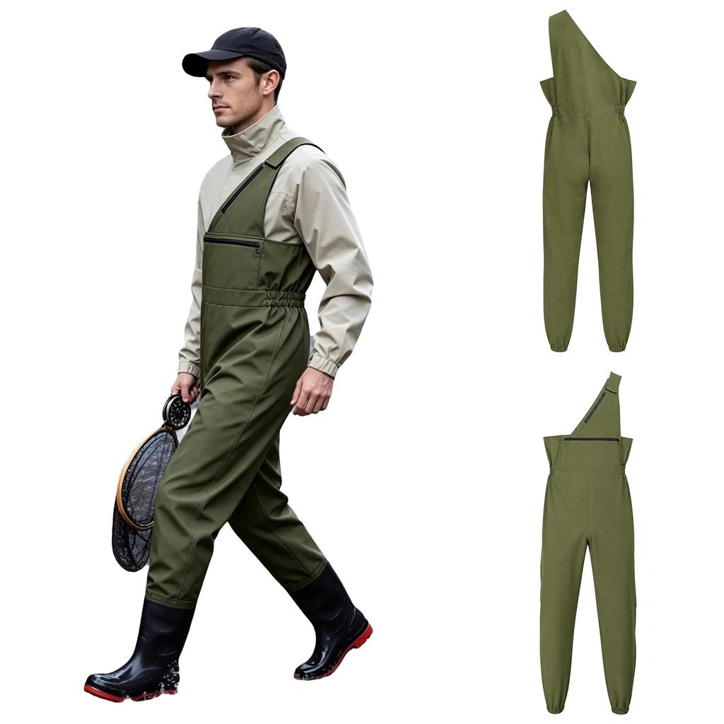 Men One Shoulder Fishing Jumpsuit Water Resistant Sleeveless Elastic Side Waist Legs Overalls with Hook Loop Fastener and Zip Pockets