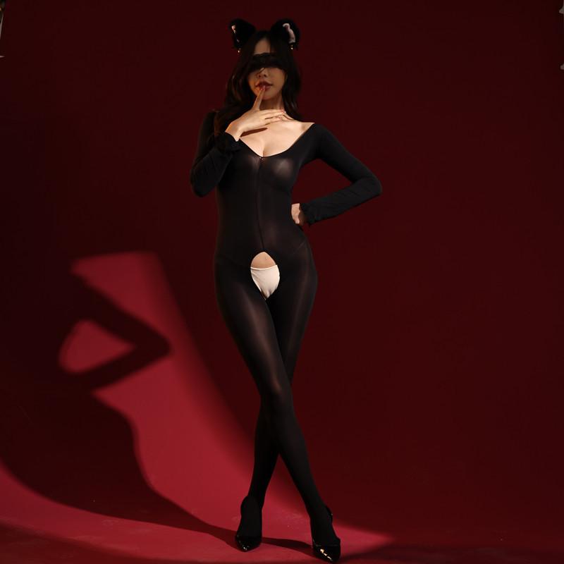 Ultra-Thin Jumpsuits Women Sexy Open Crotch Pantyhose Lady Erotic Lingerie Crotchless Tights Long Sleeve Bodysuits Stocking