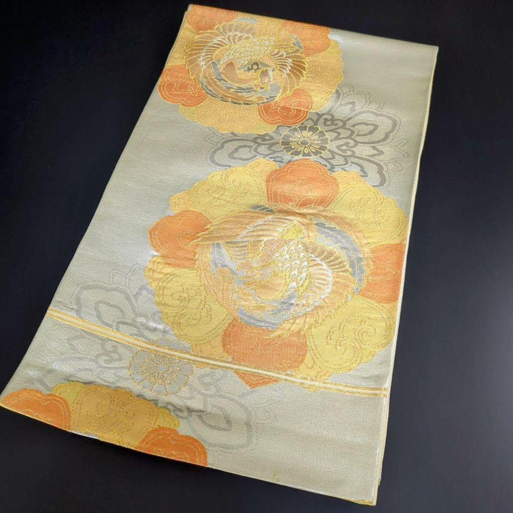 Used H-578 Fukuro obi, pure silk, six pieces, gold thread, silver thread, flower pattern, phoenix, untailored