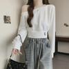Korean Style Off-Shoulder Slant Neck Long Sleeve Sweatshirt for Women - Spring/Autumn Loose Fit, Short, Thin Top