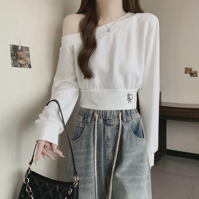 Korean Style Off-Shoulder Slant Neck Long Sleeve Sweatshirt for Women - Spring/Autumn Loose Fit, Short, Thin Top