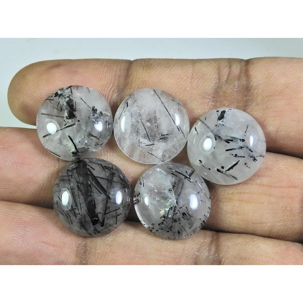 16 MM Natural Black Rutile Round Cabochon Loose Gemstone 5 Pcs Lot A-254