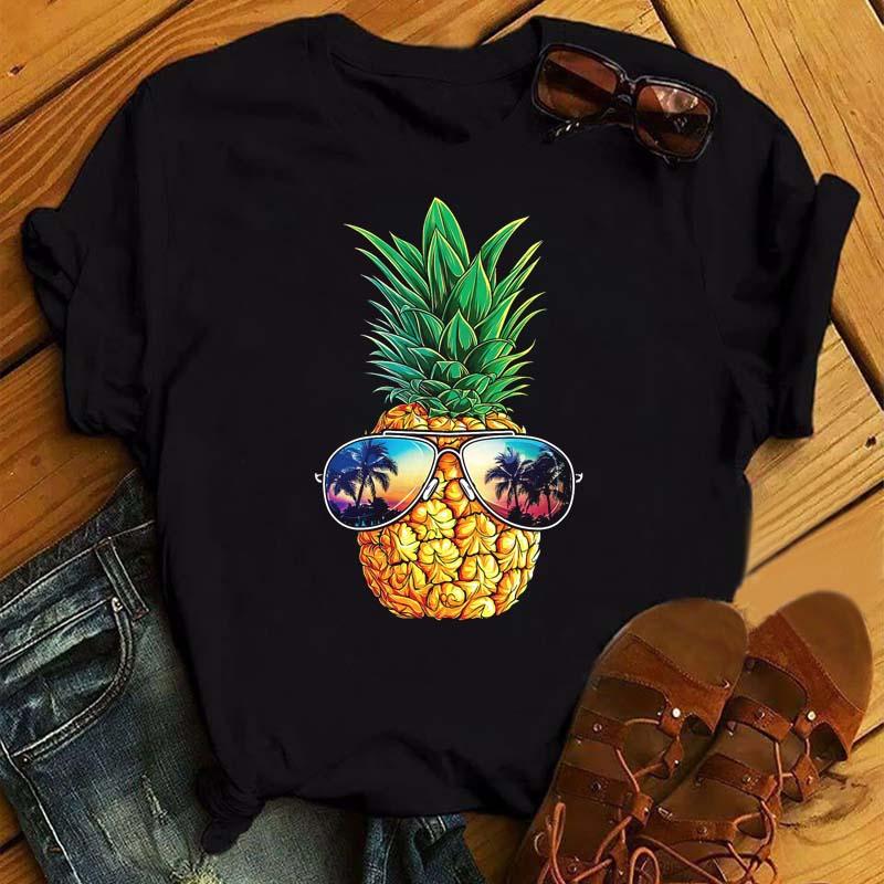 Maycaur Tricou noi pentru femei, Topuri imprimate cu ananas, tricou pentru femei, cu mânecă scurtă, cu decolteu O, tricou pentru femei, cămăși drăguțe de vară