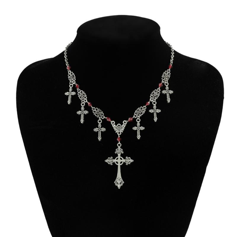 Punk Thorn Cross Pendant Necklace Dark Gothic Cross Fringe Choker Necklace for Women Unique Clavicle Chain Stylish Gift