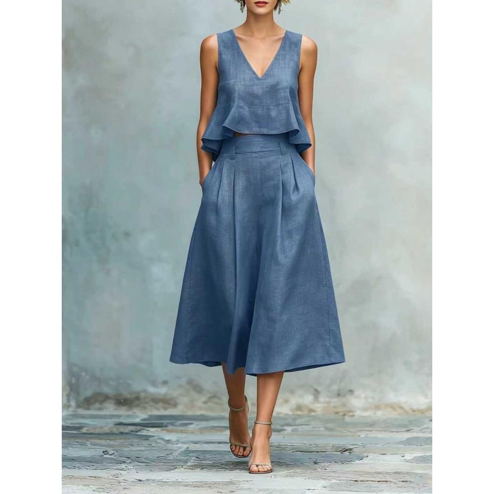 Women's V Neck Sleeveless Linen Two-Piece Set High Waist Pleated Skirt Suit Elegant