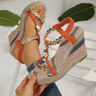 Women's Bohemian Beaded Platform Sandals, Woven Rope Spring High Heel Slides