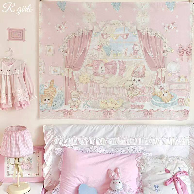 Kawaii Sleeping Rabbit Tapestry Pastel Pink Curtain Background Wall Hanging for Nursery Kids Room Decor