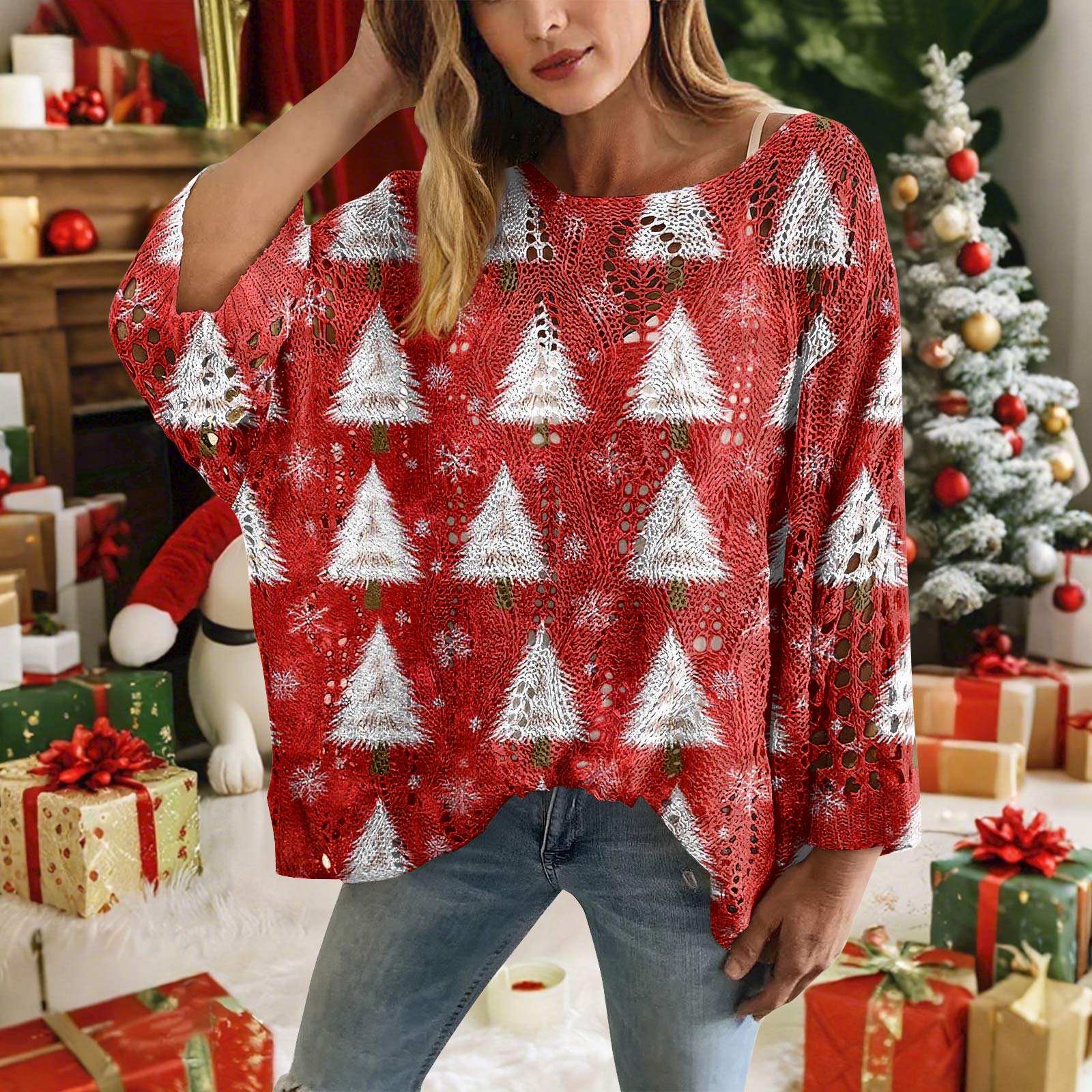 

Рождественский вязаный крючком свитер для женщин, Рождественский вязаный пуловер, Рождественский уютный свитер на осень и зиму XXL киноварь