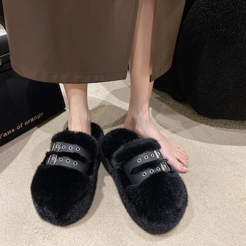 Fashion Women's Fashion Baotou Slippers Winter New Round Head Deep Mouth Rivet Thick Sole Anti-slip Wear-resistant Woolen Shoes
