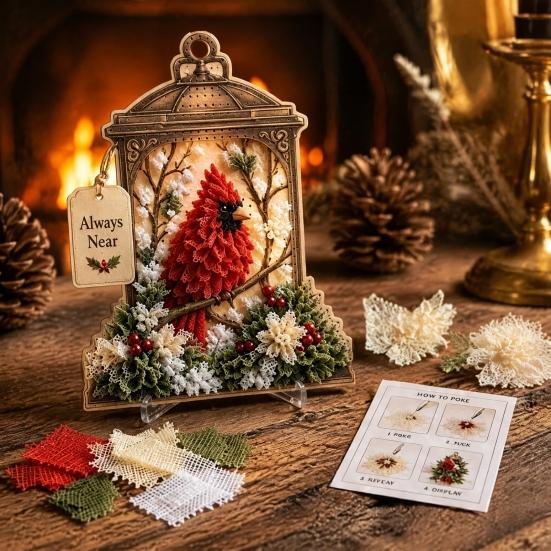 Dekorative Laterne Bastelset 3D Stoff-Poke-Art, DIY Vogel-Erinnerung Blumen-Set und Muster, Punch Needle Set für Erwachsene, Haus Tisch Kaminsims Dekoration