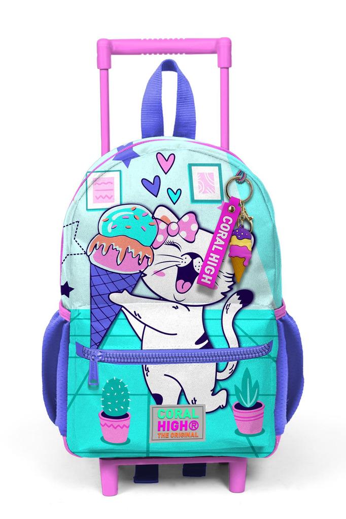 Minik Yuva Rakel-Rucksack, türkis-rosa Eiscreme-Katzenmuster, zwei Fächer, 24051