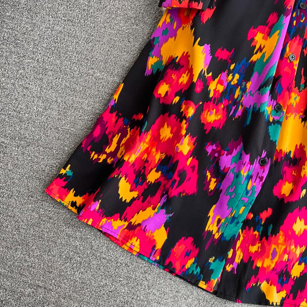 Nowa jesienna moda damska sukienka z kwiatowym nadrukiem skręcić w dół kołnierz z długim rękawem jednorzędowa linia w stylu vintage Midi sukienki imprezowe