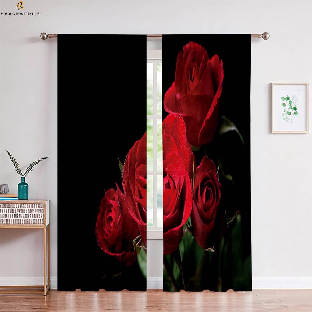 Red Vintage Rose Flower 3d Printed Curtain Bedroom Living Room Study Window Decoration Curtain Home Decoration 2 Pieces