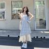 [Welcome to Kanban] Red fake two-piece plaid lace suspender dress women's summer seaside vacation dress