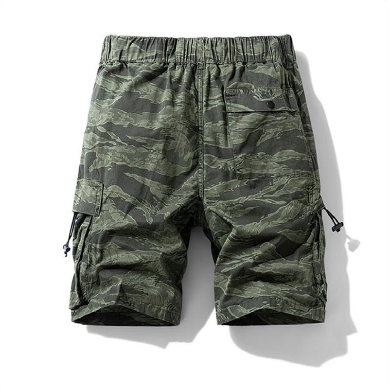 Mens Cotton Stretch Camouflage Cargo Shorts Elastic Waist with Drawstring Multi Pockets Knee Length Outdoor Casual Workwear Short Trousers