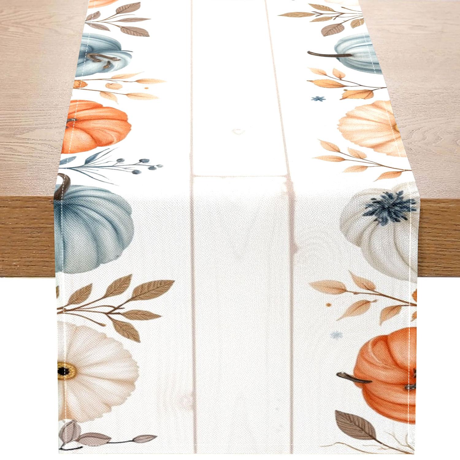 

1 Piece Of Autumn-Themed Watercolor Table Runner With Pumpkins, Autumn Leaves, And Small Flowers, Suitable For Autumn And Thanksgiving Decorations 33X90Cm