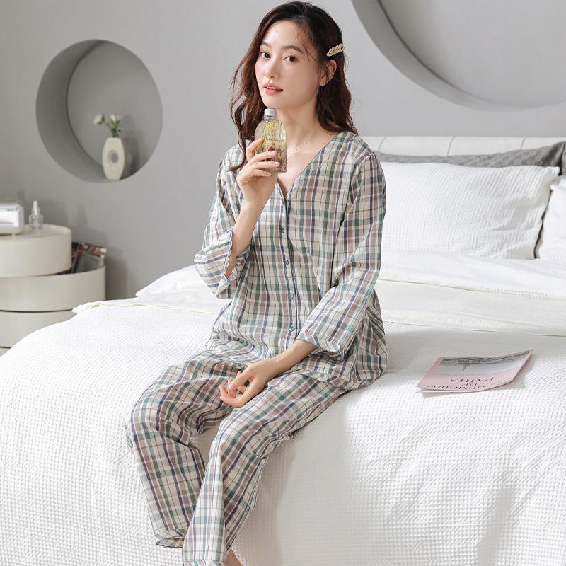 Women's pajamas: spring/summer pure cotton pure cotton, summer plaid woven cotton nine-quarter sleeve long pants, thin loungewear set