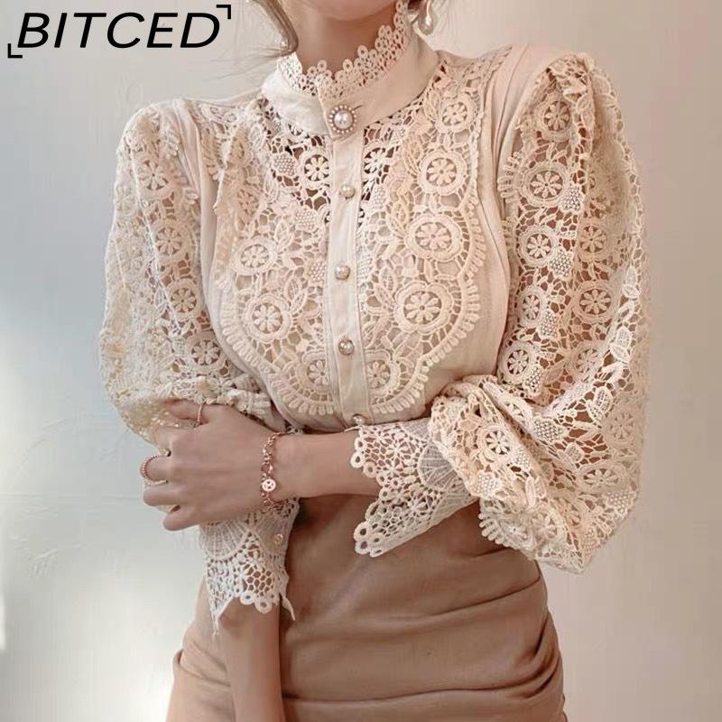 BITCED Women's Loose-fitting, Distinctive Button-down Lace-trimmed Floral Appliqué Shirt