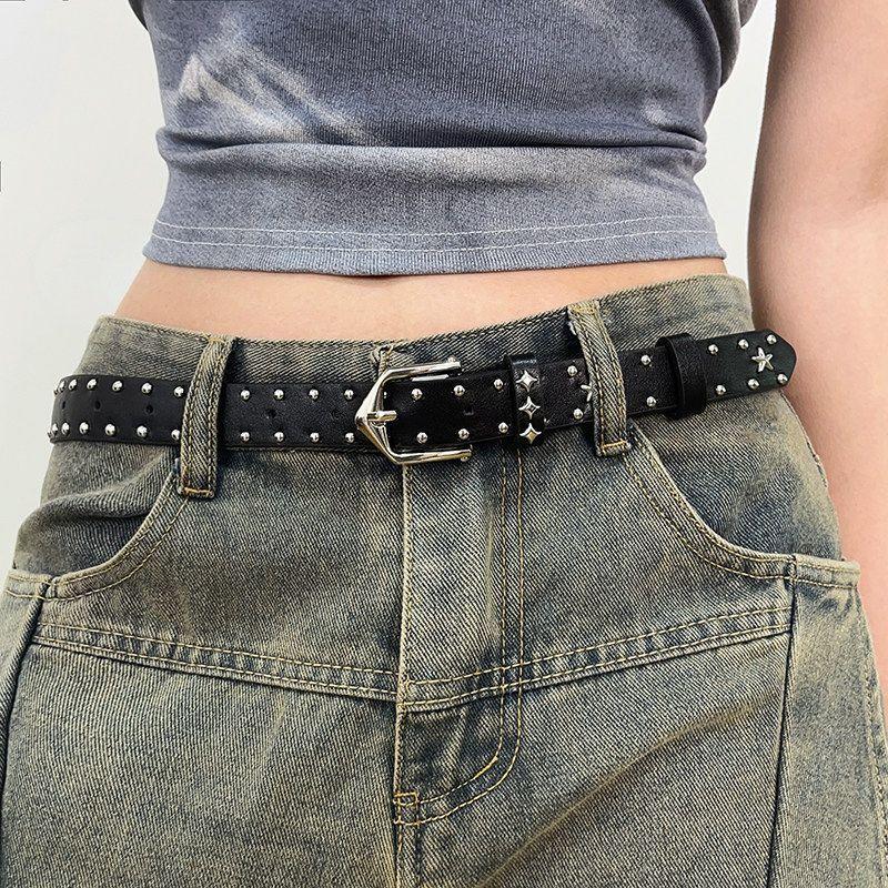 Y2K Star Rivet Belt for Women PU Leather Gothic Punk Style Adjustable for Vintage and Modern Styles