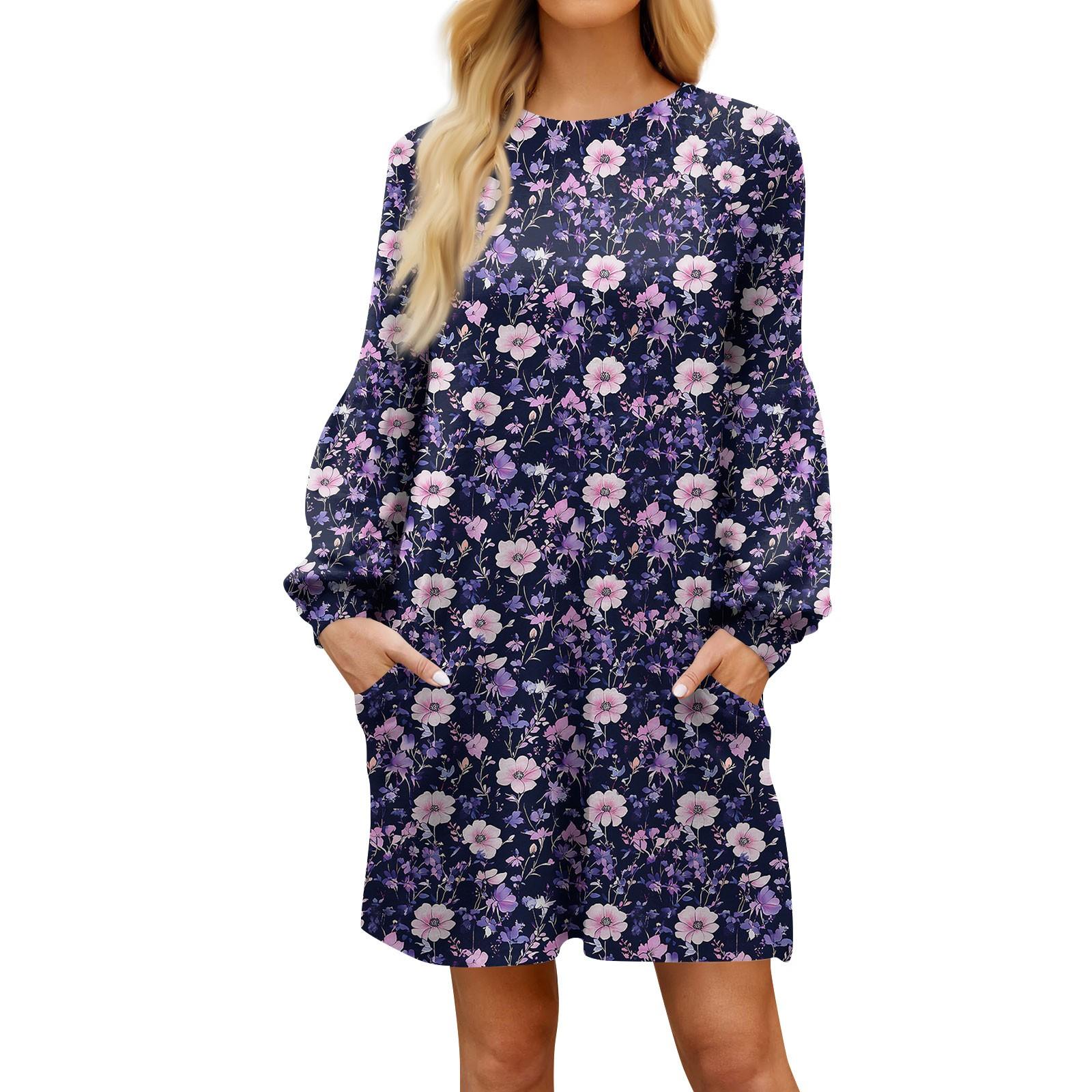 

Модное женское платье трапециевидной формы с длинным рукавом. Осенний повседневный пуловер с круглым вырезом. Свободное платье с карманами. S фиолетовый