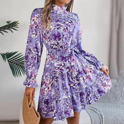 Damen Blumen Langarm A-Linien Kleid Hohe Taille Stehkragen Plissiertes Langes Kleid Herbst Winter