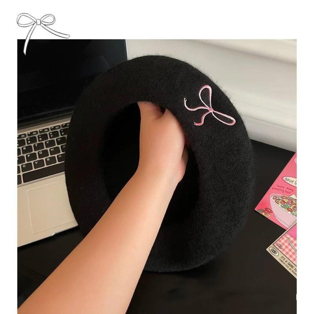 Bowknot Embroidery Literary Painter Hat Wool Blend Women Beanies Cap Sweet Women Beret