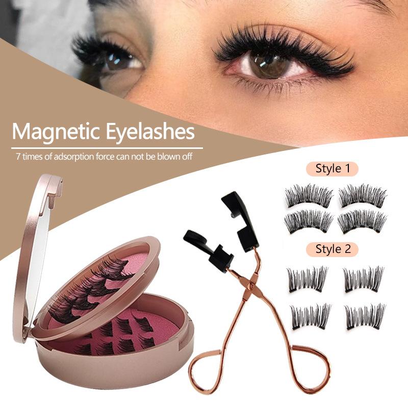 Hot-selling Little Devil Magnetic False Eyelashes Double-layer Pink Round Box with Clip Magnetic Set