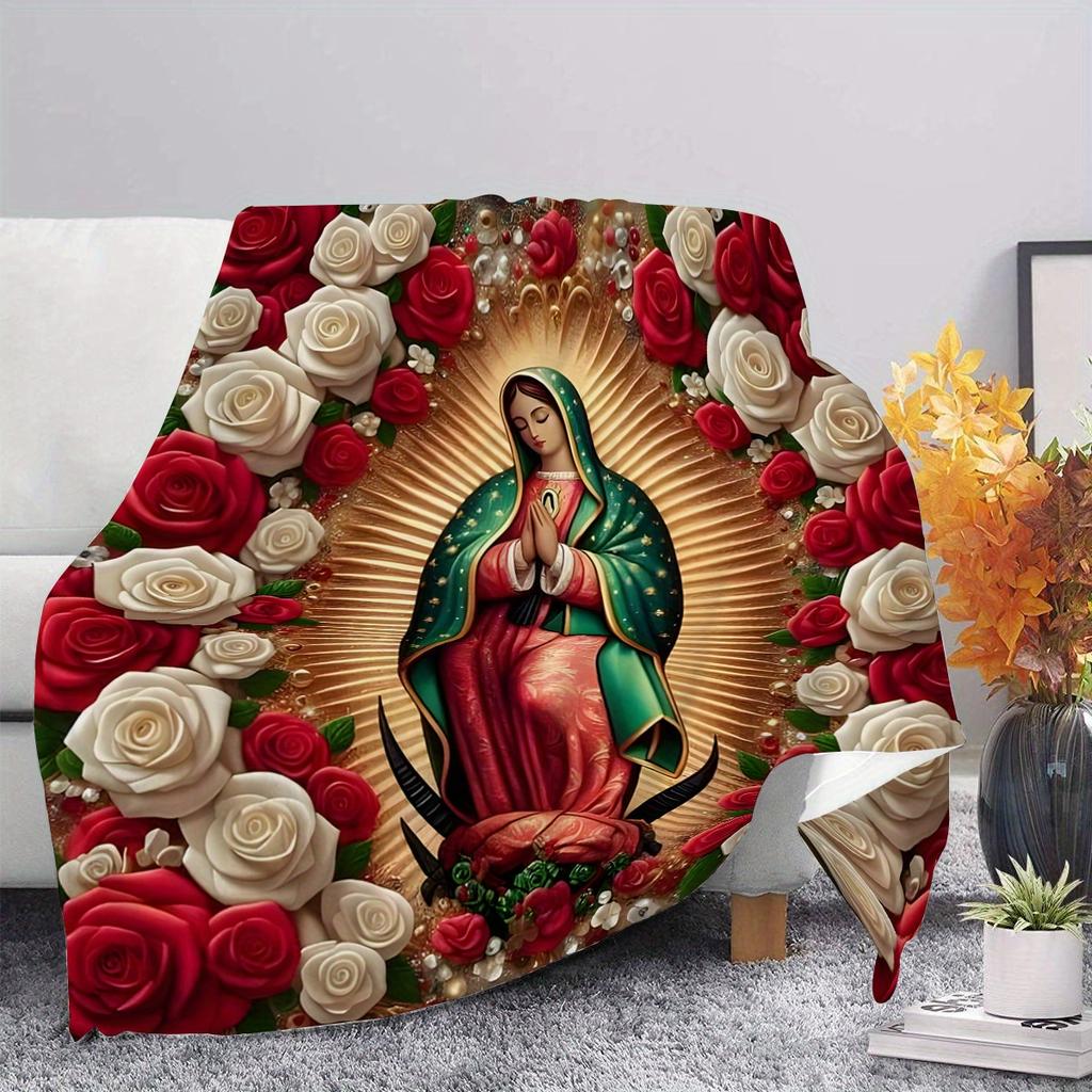 Virgin Mary with Roses Pattern Flannel Throw Blanket, All-Season Multipurpose for Home Decor, Nap,Office Shawl,Sofa,Travel