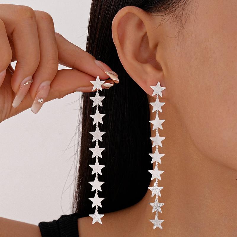New Unique Metal Five-Pointed Star Tassel Earrings for Women Korean Style Personality Drop Earrings Charm Jewelry Accessories