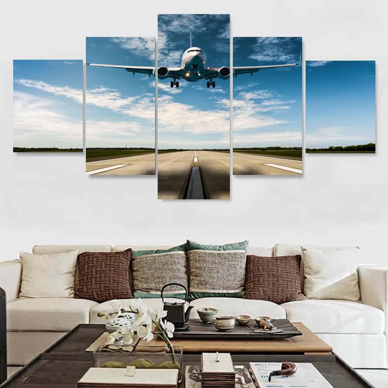 Modern 5 Pieces Airplane Poster Canvas Painting Landscape Sunset Backlight Lawn Wall Art Pictures for Living Room Decor No Frame
