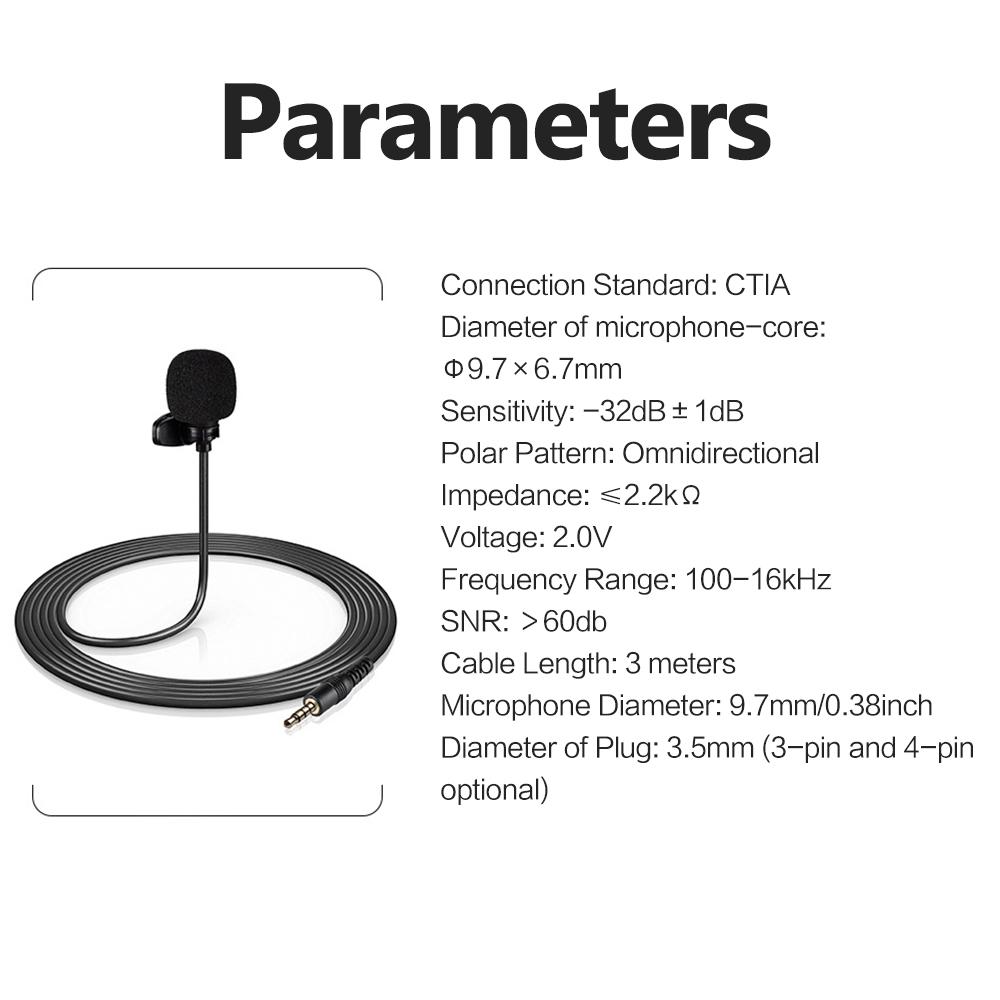 Mini Clip-on Lapel Lavalier Condenser Microphone with 3-Pin 3.5mm Plug 3 Meters Cable for Live Stream/Recording/Interview Compatible with Desktop Com