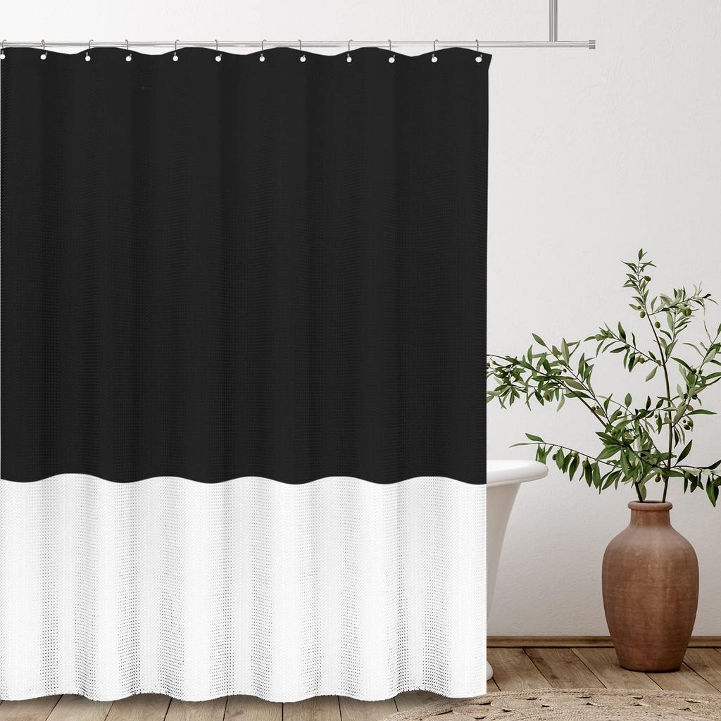 White Sage Green 2 Color Splicing Shower Curtain, Texture Fabric Bathroom Decor Waterproof Fabric Shower Curtian Sets With Hooks