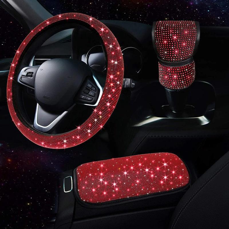 3Pcs Car Accessories Set for Women Steering Wheel Cover Gear Shift Cover Armrest Pad Mat Bling Auto Diamond Decortion Styling