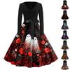 Women Casual Halloween Print V Neck Vintage Dress Long Sleeve Retro Style Fit and Flare Midi Dress with Waist Tie Ribbon